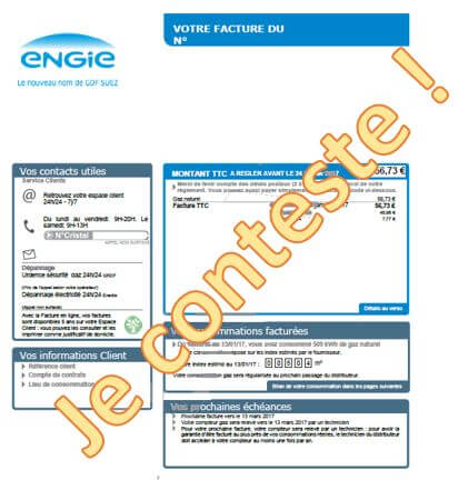 Facture ENGIE avec écrit en gros je conteste